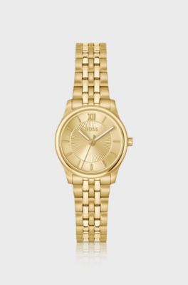 Graceful gold-tone watch with sunburst-patterned dial, Gold tone
