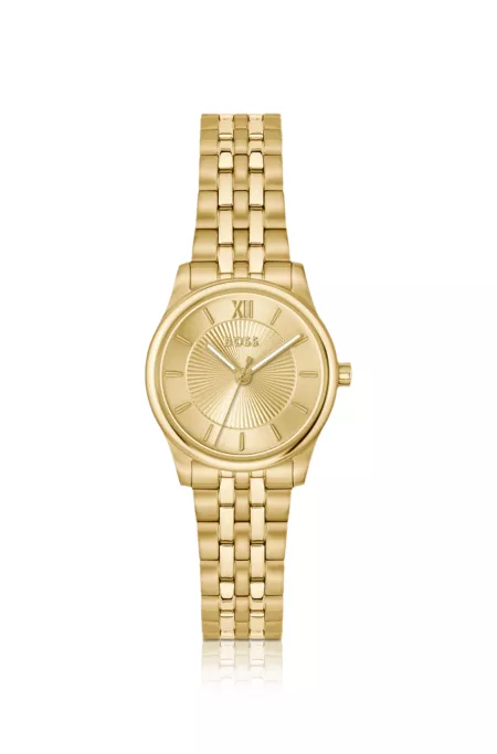 Graceful gold-tone watch with sunburst-patterned dial