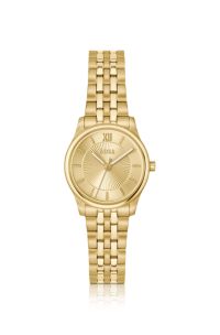 Graceful gold-tone watch with sunburst-patterned dial, Gold tone