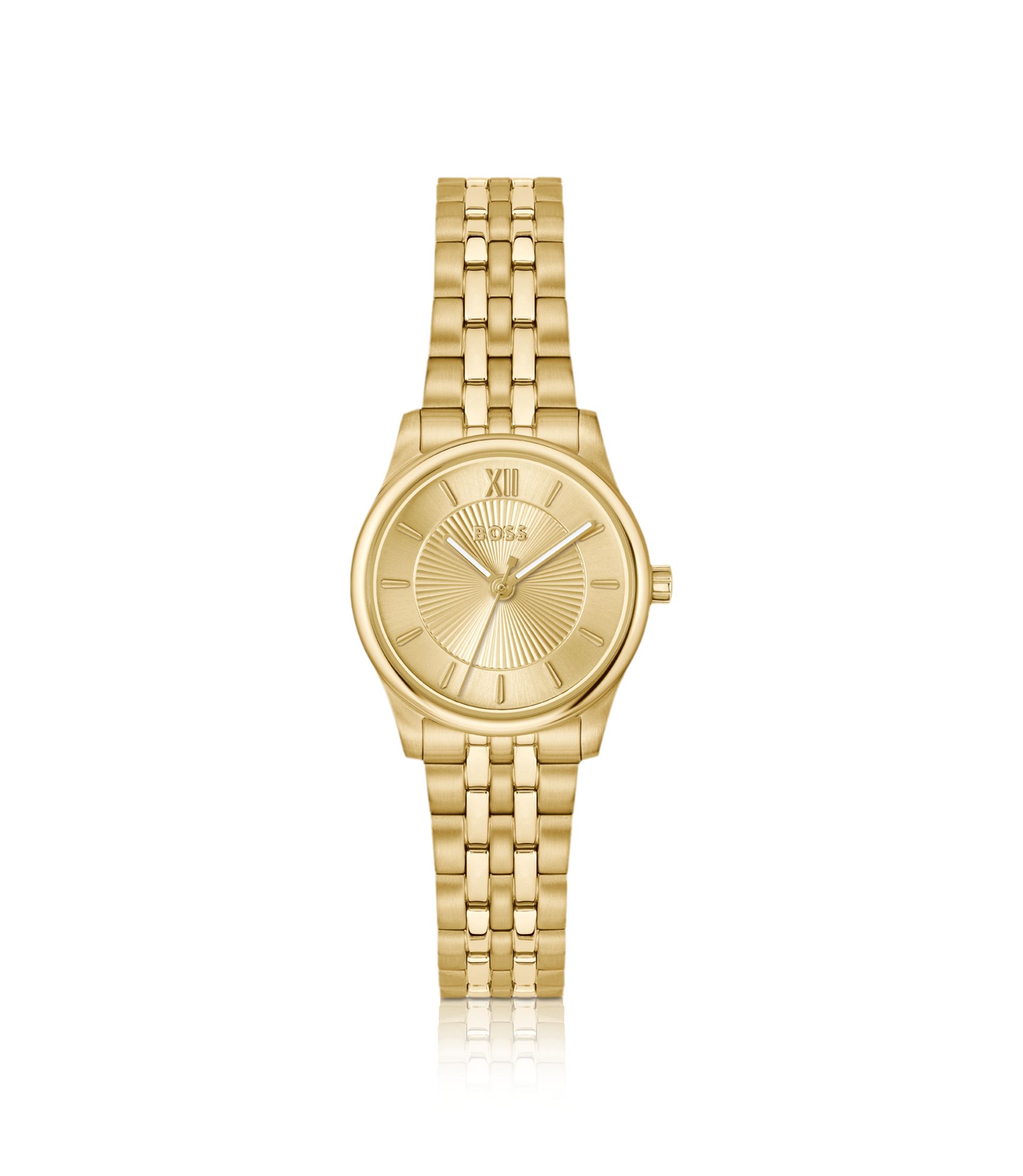 Elegante goldfarbene Uhr mit Zifferblatt im Sonnenschliff