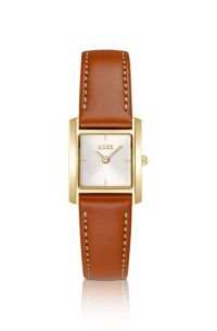 Leather-strap watch with square case, Brown