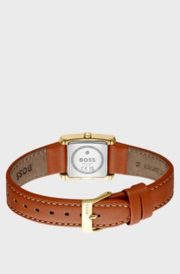 Reloj con correa de piel y caja cuadrada, Marr&oacute;n