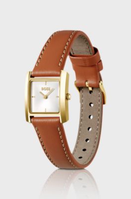Leather-strap watch with square case, Marrone
