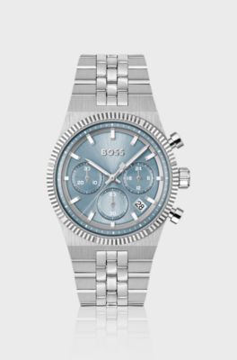 Candor blue-dial chronograph watch with fluted bezel, Silver tone