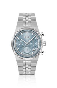 Candor blue-dial chronograph watch with fluted bezel, Silver tone
