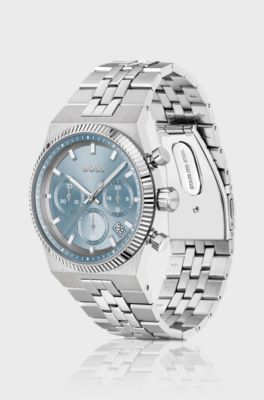 Candor blue-dial chronograph watch with fluted bezel, Silver tone