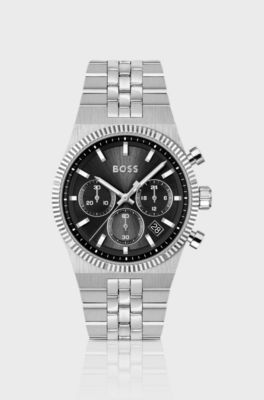 Candor black-dial chronograph watch with fluted bezel, Silver tone