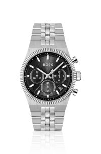 Candor Chronograph mit geriffelter L&uuml;nette und schwarzem Zifferblatt, Silberfarben