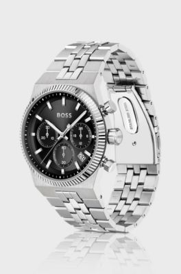 Candor black-dial chronograph watch with fluted bezel, Silver tone