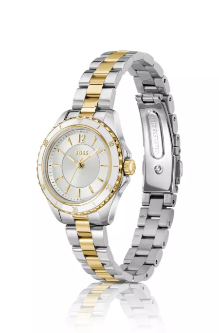 Two-tone watch with epoxy-filled bezel