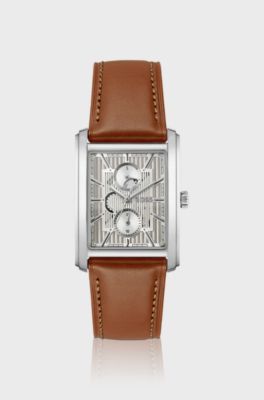 Silver-tone watch with textured skeleton dial, Brown