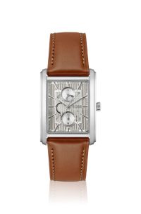 Silver-tone watch with textured skeleton dial, Brown