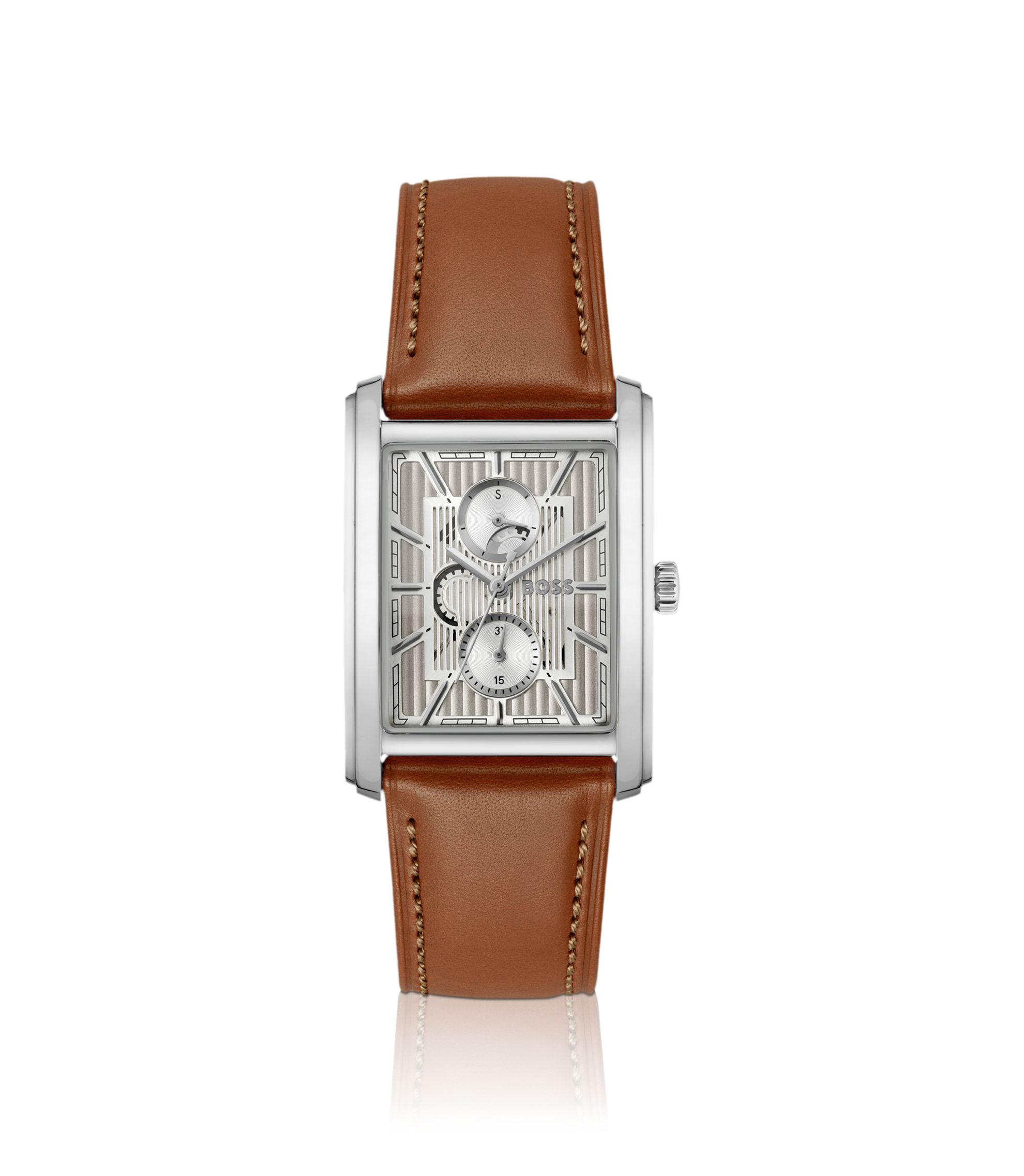 Silberfarbene Uhr mit Struktur auf dem Skelett-Zifferblatt