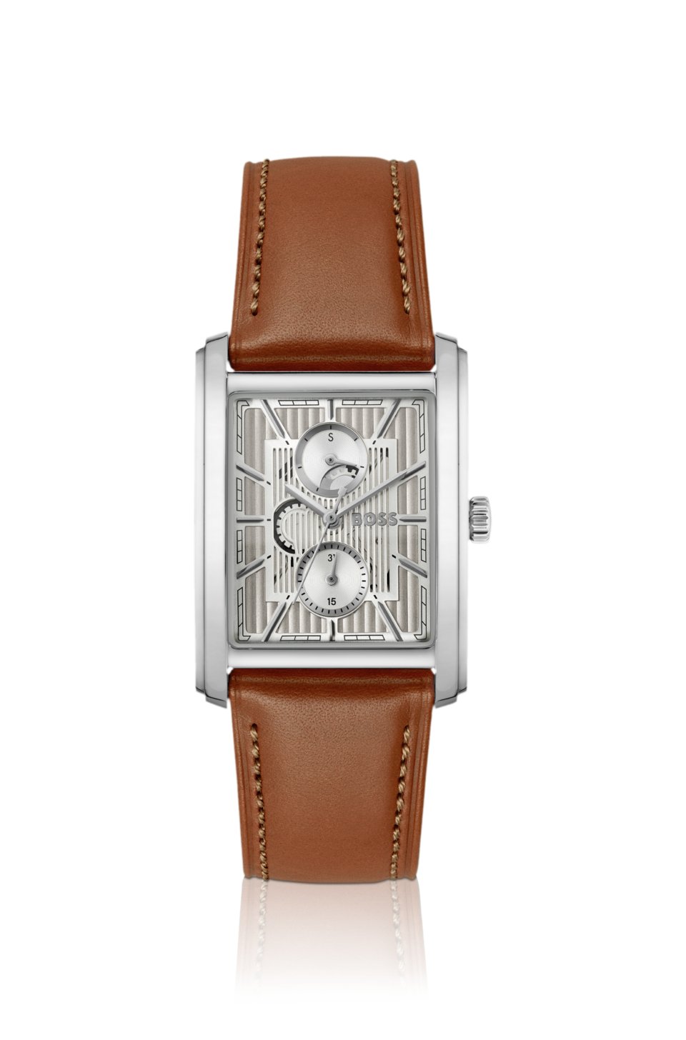 Silver-tone watch with textured skeleton dial