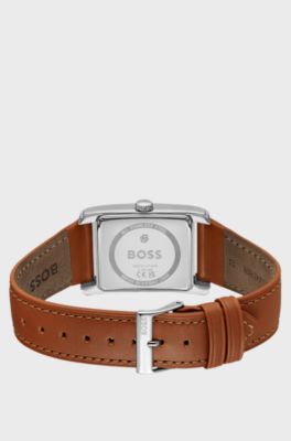 Silver-tone watch with textured skeleton dial, Brown