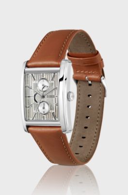 Silver-tone watch with textured skeleton dial, Brown