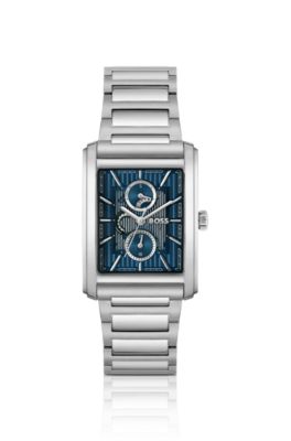 Link-bracelet watch with blue textured skeleton dial, Silver tone