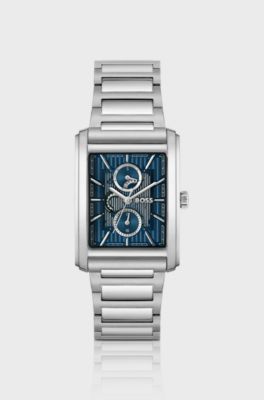 Link-bracelet watch with blue textured skeleton dial, Silver tone