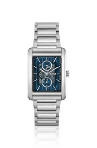 Link-bracelet watch with blue textured skeleton dial, Silver tone