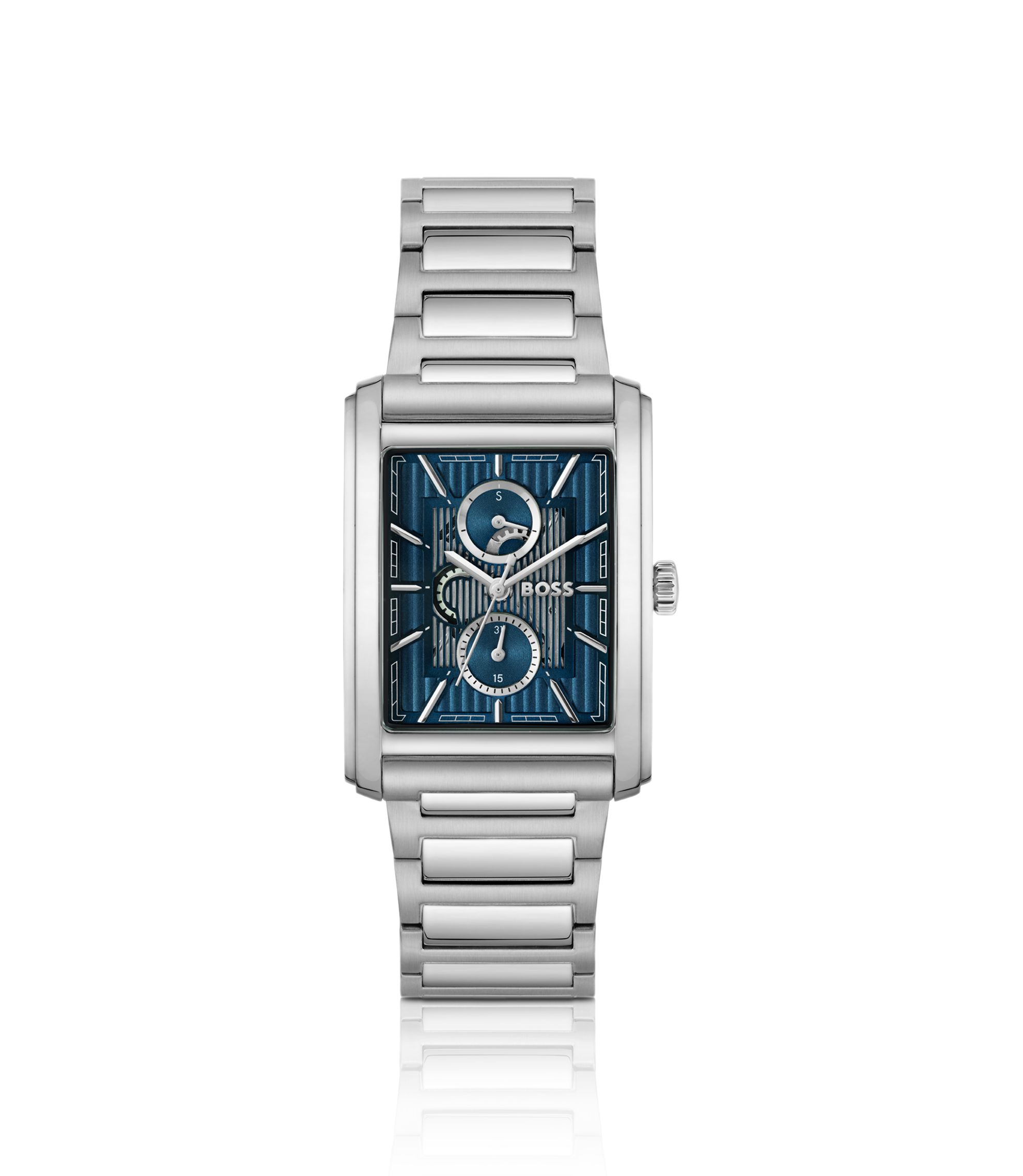 Uhr mit Gliederarmband und skelettiertem, blauem Zifferblatt mit Struktur