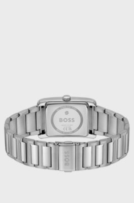 Link-bracelet watch with blue textured skeleton dial, Silver tone