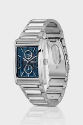 PRINCIPLE-horloge met geschakelde polsband en blauwe opengewerkte wijzerplaat met structuur, Zilverkleurig