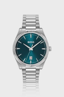 Cheswick blue-dial watch with fluted bezel, Silver tone