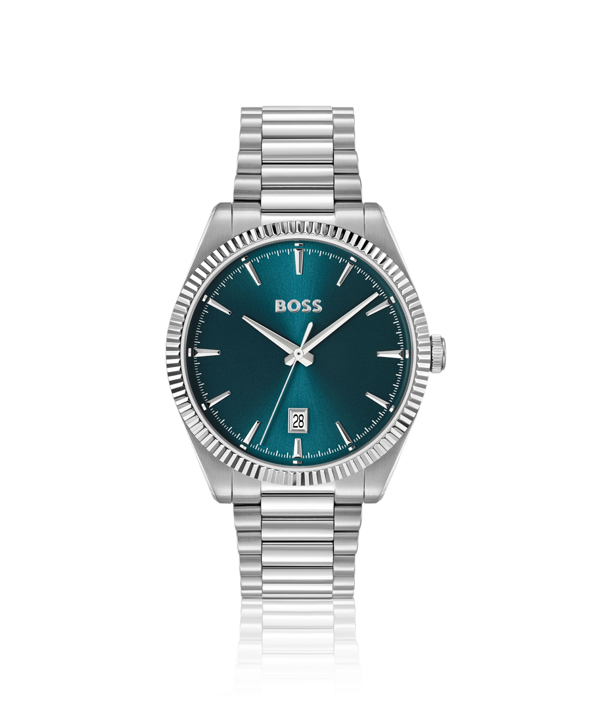 Cheswick Uhr mit blauem Zifferblatt und geriffelter Lünette