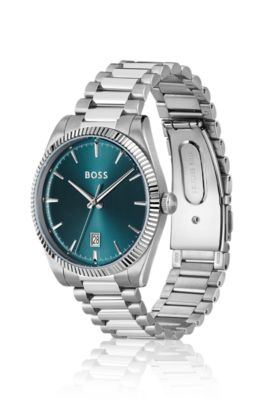 BOSS - Cheswick blue-dial watch with fluted bezel - Silver tone