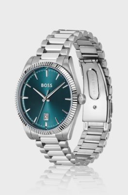 Cheswick blue-dial watch with fluted bezel, Silver tone