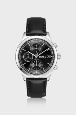 Stratus chronograph watch with black leather strap, Black