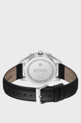 Stratus chronograph watch with black leather strap, Black