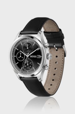 Stratus chronograph watch with black leather strap, Black