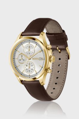 Stratus chronograph watch with brown leather strap, Brown