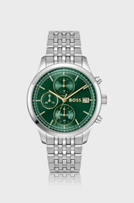 Stratus green-dial chronograph watch with link bracelet, Silver tone