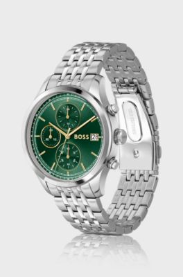 Stratus green-dial chronograph watch with link bracelet, Silver tone