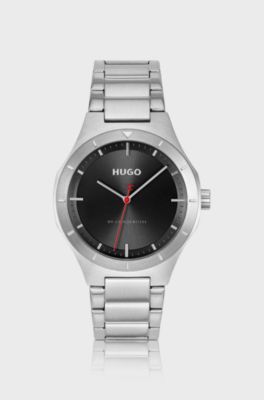 Orologio con quadrante nero illuminato e bracciale a maglie, Color argento