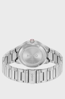 Lit black-dial watch with link bracelet, Silver tone