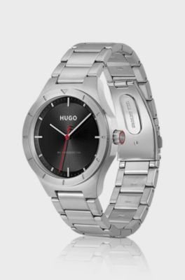 Orologio con quadrante nero illuminato e bracciale a maglie, Color argento
