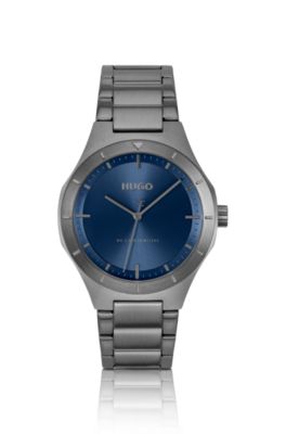 Lit grey-plated watch with blue dial, Grey