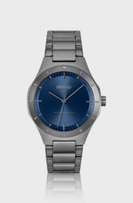 Lit grey-plated watch with blue dial, Grey