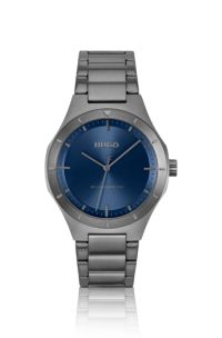Lit grey-plated watch with blue dial, Grey