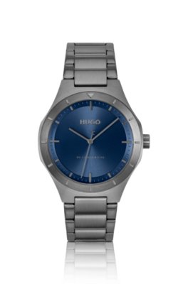 Lit grey-plated watch with blue dial