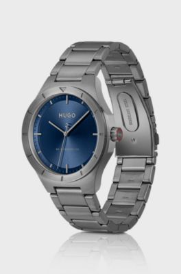 Lit grey-plated watch with blue dial, Grey