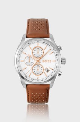 Grand Prix 44 chronograph watch with perforated leather strap, Brown