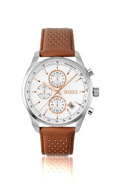 Grand Prix 44 chronograph watch with perforated leather strap