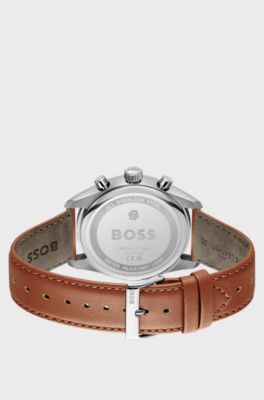 Grand Prix 44 chronograph watch with perforated leather strap, Brown