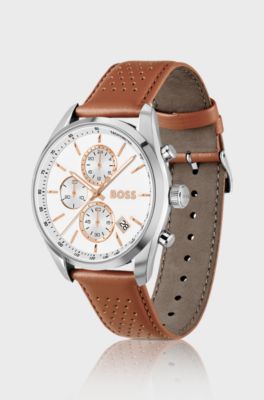 Grand Prix 44 chronograph watch with perforated leather strap, Brown