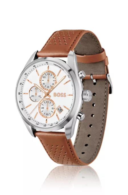 Grand Prix 44 chronograph watch with perforated leather strap