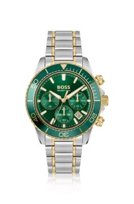 Sealiner two-tone chronograph watch with green dial, Silver tone